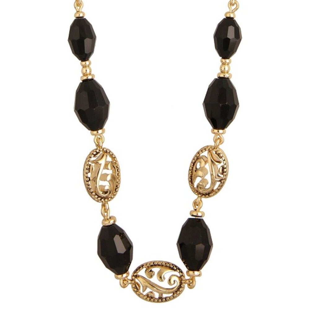 NAPIER Mod/Contemporary Gold Jet Black Faceted Bead & Swirl Cutout Necklace**NEW